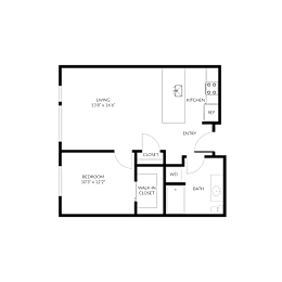 A floor plan of a house with a living room, kitchen, and bathroom.