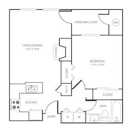 1 bed 1 bathroom floorplan with balcony at Rosemeade Apartments, Roseville, CA
