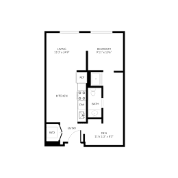 A floor plan of a house with a living room, bedroom, bathroom, kitchen, and dining room.
