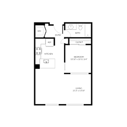 A floor plan of a living space with a kitchen, bathroom, and entry.