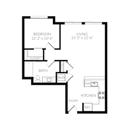 A black and white image of a floor plan for a small apartment.