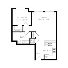 A black and white image of a floor plan for a small apartment.