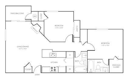 Two bedroom two bath floorplan with balcony at Rosemeade Apartments, Roseville