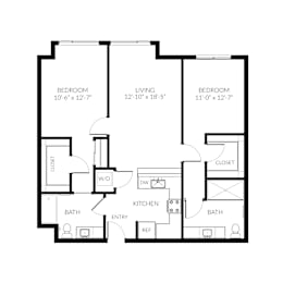 A black and white image of a house floor plan with three bedrooms, a living room, a kitchen, two bathrooms, an entry, a dining room, and a laundry area.