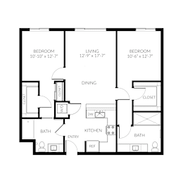 A black and white image of a floor plan for a home with three bedrooms, a living room, a dining room, a kitchen, a bathroom, a wood stove, and a wood-burning stove.