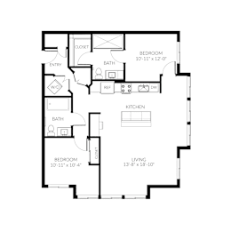 A black and white image of a floor plan for a small apartment.