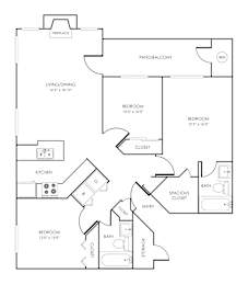 Three bedroom two bathroom floorplan with balcony at Rosemeade Apartments, California, 95661