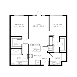 A floor plan of a house with three bedrooms, a living room, a kitchen, a bathroom, a dining room, and a closet.