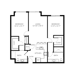 A floor plan of a house with three bedrooms, a living room, a kitchen, a bathroom, a dining room, and a closet.