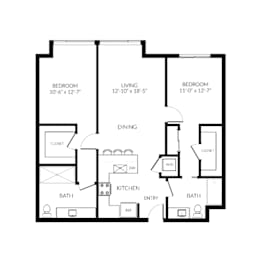 A black and white image of a house floor plan with three bedrooms, a living room, a dining room, a kitchen, two bathrooms, and a closet.