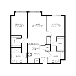 A floor plan of a house with three bedrooms, a living room, a kitchen, a bathroom, and a closet.
