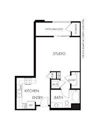 A black and white image of a floor plan for a studio apartment.