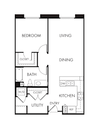 One bedroom apartment floor plan with utility room at Renaissance Square Apartments, California