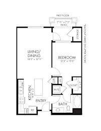 One bedroom floor plan with balcony and storage at Renaissance Square Apartments, Concord