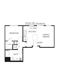 A floor plan of a small apartment with a bedroom, kitchen, living room, and bathroom.