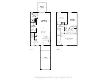 A floor plan of a house with two bedrooms, a living room, a dining room, a kitchen, a garage, and a balcony.