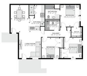 A black and white image of a floor plan for a house.