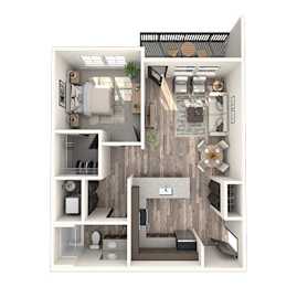 A 3D floor plan of a small apartment with a kitchen, living room, and bathroom.