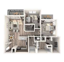 A 3D floor plan of a small apartment with a kitchen, living room, and bathroom.