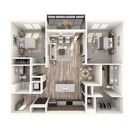 A top-down view of a small, modern apartment with a kitchen, living room, and bathroom.