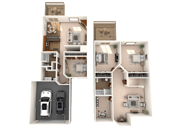 A floor plan of a two-story house with a garage and a separate living area.