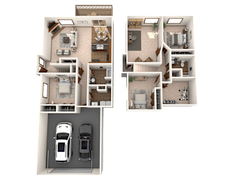 A floor plan of a two-story house with a garage and a driveway.