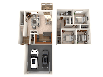 Two cars are parked in a garage attached to a house.