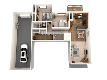 A 3D floor plan of a house with a car parked in the garage.