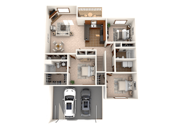 A detailed floor plan of a house with a garage and two cars.