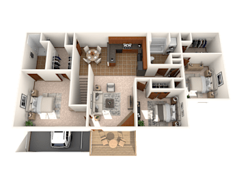 A 3D floor plan of a house with a garage and a car.