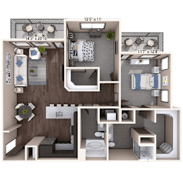 A 3D floor plan of a small apartment with a kitchen, living room, and bathroom.