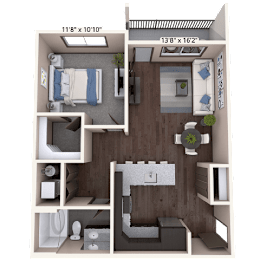 A 3D floor plan of a small apartment with a bedroom, living room, and bathroom.