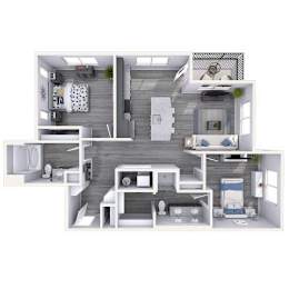 A 3D rendered image of a modern, minimalist apartment layout.