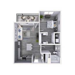A top-down view of a small apartment with a kitchen, living room, and bedroom.