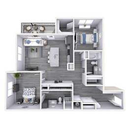 A 3D floor plan of a small apartment with a kitchen, living room, and bedroom.