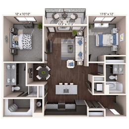 A 3D floor plan of a small apartment with two bedrooms, a living room, and a kitchen.
