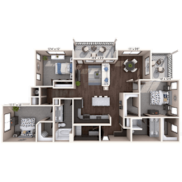 A 3D rendered image of a house layout with dimensions.