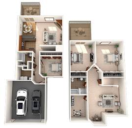 A 3D floor plan of a house with two bedrooms, a living room, a kitchen, a bathroom, and a garage.