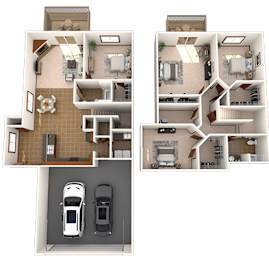 Two images of a house layout with a garage and a living area.