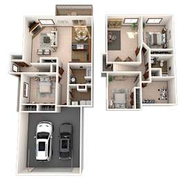 Two floor plan images of a house with a garage and a car.