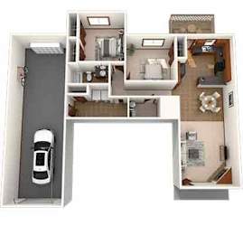 A floor plan of a house with a garage and a car.