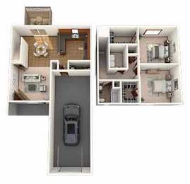 A floor plan of a house with a car parked in the garage.