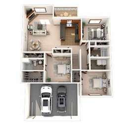 A floor plan of a house with a kitchen, living room, two bedrooms, a bathroom, and a garage.