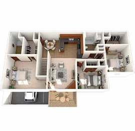 A floor plan of a house with a living room, kitchen, and two bedrooms.