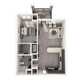 A 3D floor plan of a small apartment with a kitchen, living room, and bathroom.