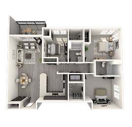 A 3D floor plan of a small apartment with a kitchen, living room, and bathroom.