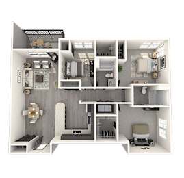 A 3D floor plan of a small apartment with a kitchen, living room, and bathroom.