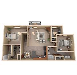 A 3D floor plan of a house with a living room, kitchen, and two bedrooms.