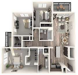 A 3D rendered image of a modern apartment layout.