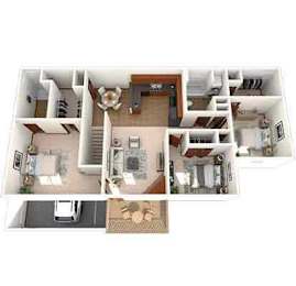 A floor plan of a house with a living room, kitchen, and two bedrooms.